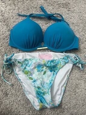 Teal Push-Up Halter Bikini Set with Floral Tie-Side Bottoms